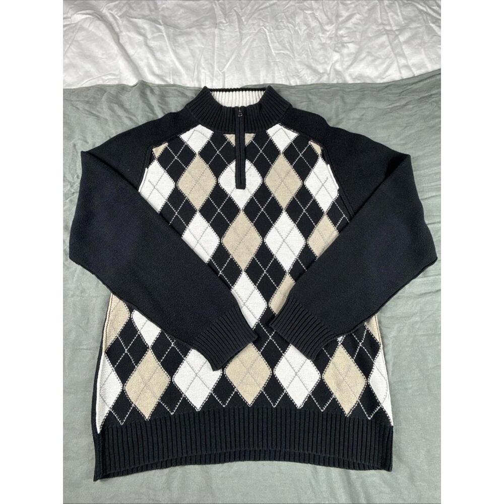 BKE Argyle Pattern Sweater Men's Large L Black Beige White 1/4 Zip